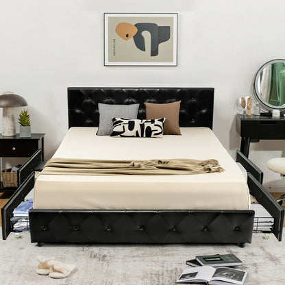 Luxury PU Leather Upholstered Platform Bed with 4 Storage Drawers - Queen Size
