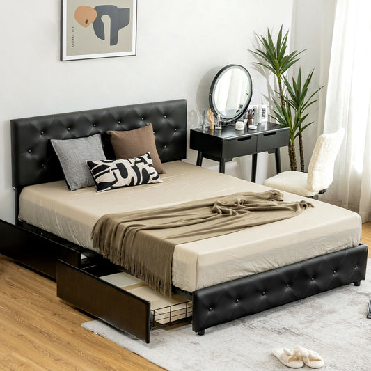 Luxury PU Leather Upholstered Platform Bed with 4 Storage Drawers - Full Size