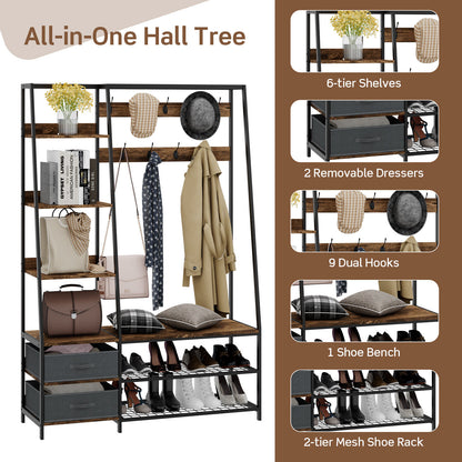 6-in-1 Freestanding Hall Tree Coat Rack with Bench, Fabric Storage Bins, Shelves – Rustic Brown Entryway & Bedroom Organizer