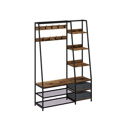 6-in-1 Freestanding Hall Tree Coat Rack with Bench, Fabric Storage Bins, Shelves – Rustic Brown Entryway & Bedroom Organizer