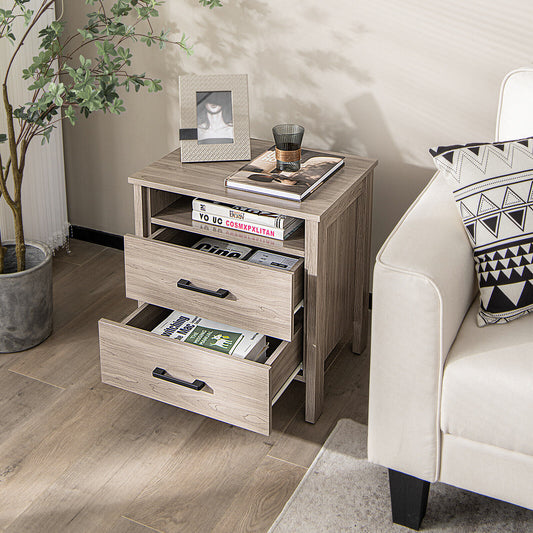 Multifunctional Side Table with 2 Drawers, Open Shelf, and Cable Organizer – Natural
