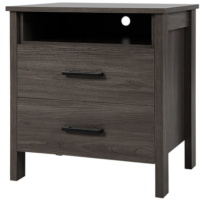 Multifunctional Side Table with 2 Drawers, Open Shelf, and Cable Organizer – Walnut