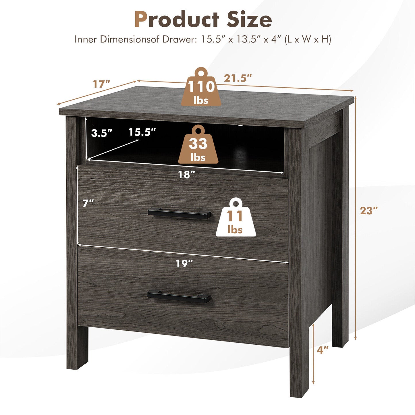 Multifunctional Side Table with 2 Drawers, Open Shelf, and Cable Organizer – Walnut