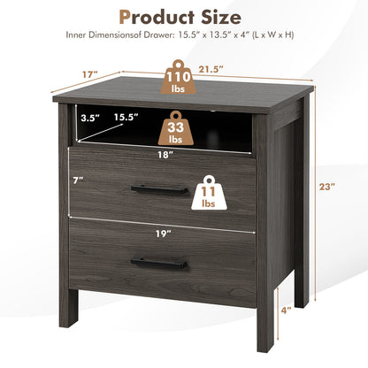Multifunctional Side Table with 2 Drawers, Open Shelf, and Cable Organizer – Walnut