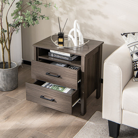Multifunctional Side Table with 2 Drawers, Open Shelf, and Cable Organizer – Walnut