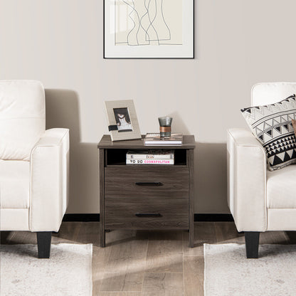 Multifunctional Side Table with 2 Drawers, Open Shelf, and Cable Organizer – Walnut