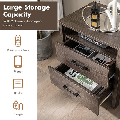 Multifunctional Side Table with 2 Drawers, Open Shelf, and Cable Organizer – Walnut