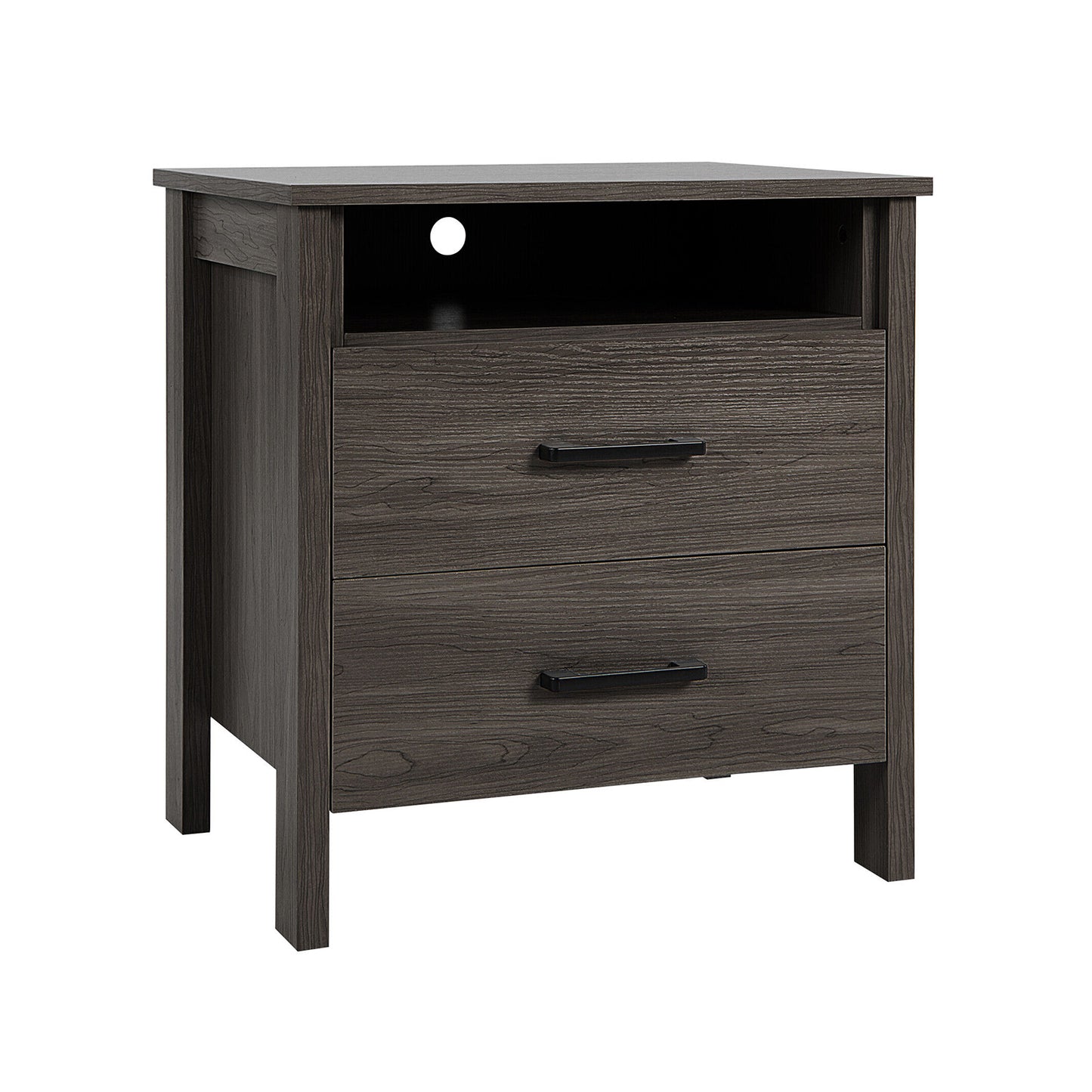 Multifunctional Side Table with 2 Drawers, Open Shelf, and Cable Organizer – Walnut