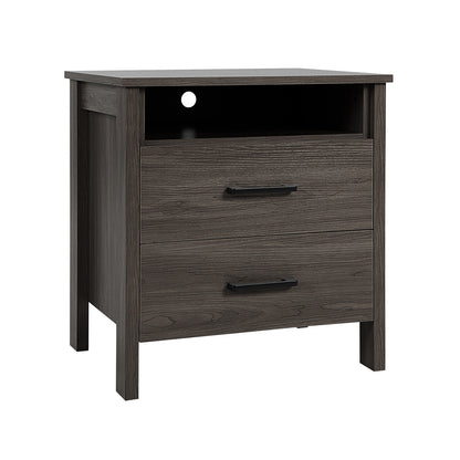 Multifunctional Side Table with 2 Drawers, Open Shelf, and Cable Organizer – Walnut