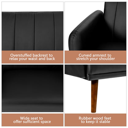3 Seater Convertible Sofa Bed with Split Adjustable Backrest and PU Upholstery, Black