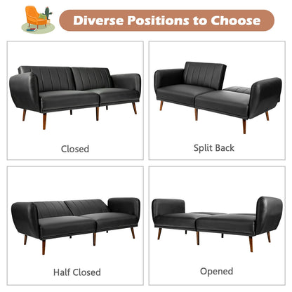 3 Seater Convertible Sofa Bed with Split Adjustable Backrest and PU Upholstery, Black