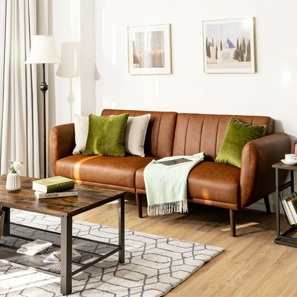 3 Seater Convertible Sofa Bed with Split Adjustable Backrest and PU Upholstery, Brown