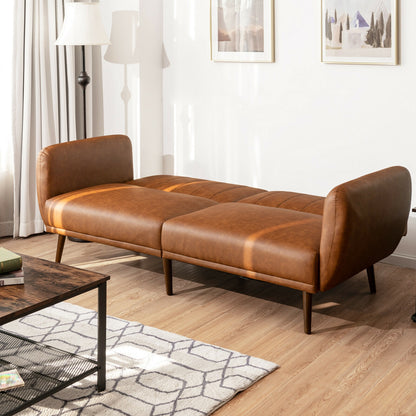 3 Seater Convertible Sofa Bed with Split Adjustable Backrest and PU Upholstery, Brown