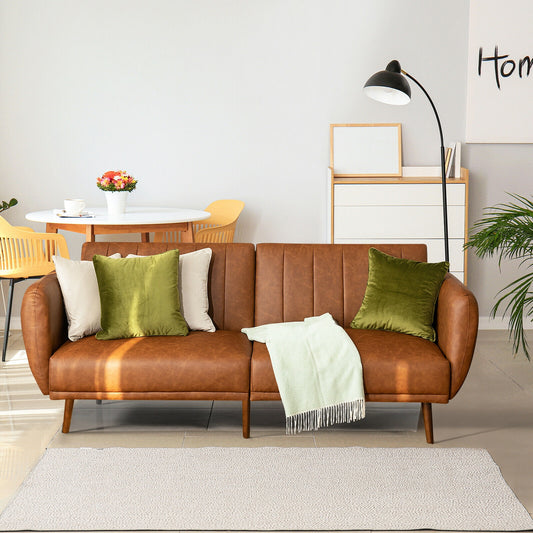 3 Seater Convertible Sofa Bed with Split Adjustable Backrest and PU Upholstery, Brown