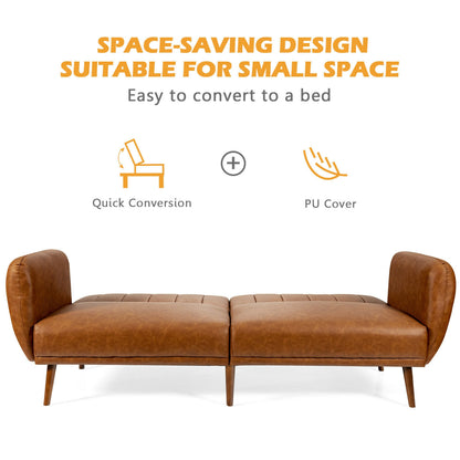 3 Seater Convertible Sofa Bed with Split Adjustable Backrest and PU Upholstery, Brown