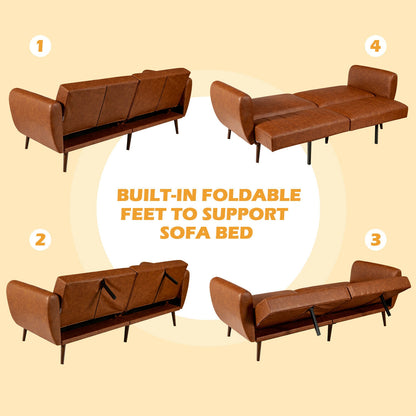 3 Seater Convertible Sofa Bed with Split Adjustable Backrest and PU Upholstery, Brown