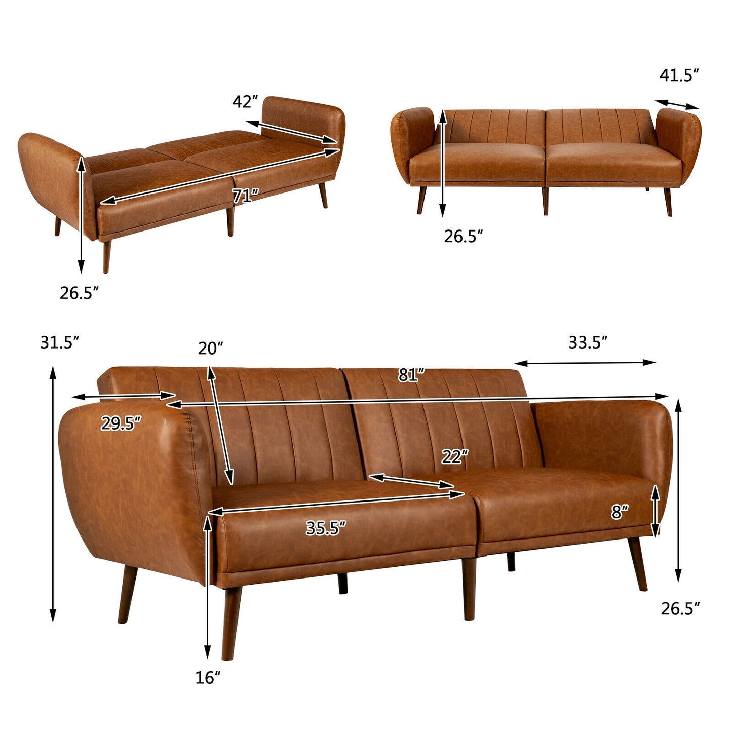 3 Seater Convertible Sofa Bed with Split Adjustable Backrest and PU Upholstery, Brown