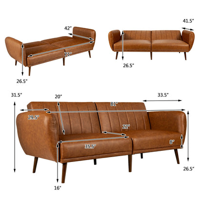 3 Seater Convertible Sofa Bed with Split Adjustable Backrest and PU Upholstery, Brown
