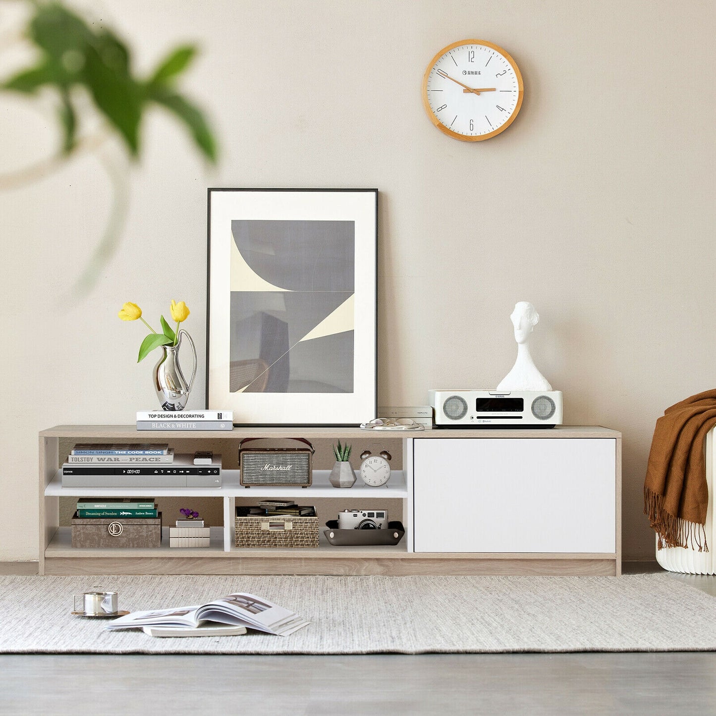 Modern 63 Inch TV Console with Push-to-Open Cabinet and Open Shelves for TVs up to 75 Inches