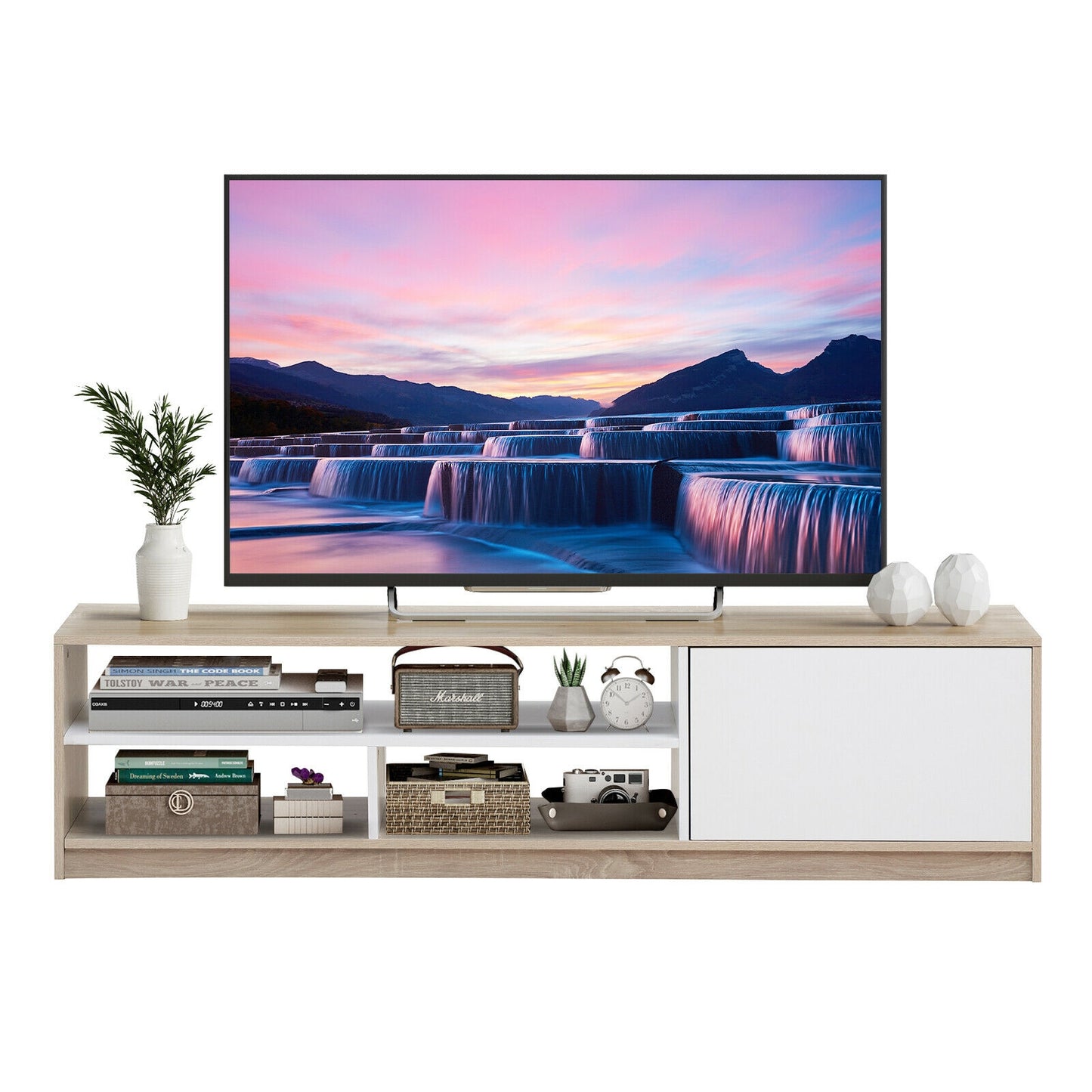 Modern 63 Inch TV Console with Push-to-Open Cabinet and Open Shelves for TVs up to 75 Inches
