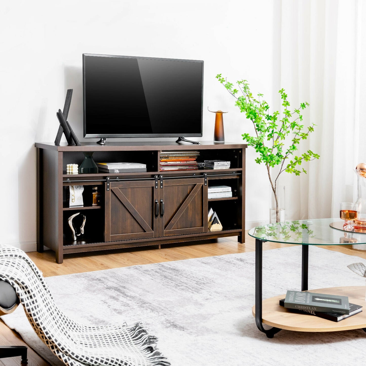 Farmhouse Wood Media Console with Sliding Barn Doors and Adjustable Storage for 65 Inch TVs in Dark Brown