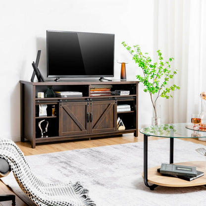 Farmhouse Wood Media Console with Sliding Barn Doors and Adjustable Storage for 65 Inch TVs in Dark Brown