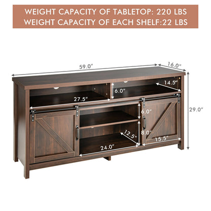 Farmhouse Wood Media Console with Sliding Barn Doors and Adjustable Storage for 65 Inch TVs in Dark Brown