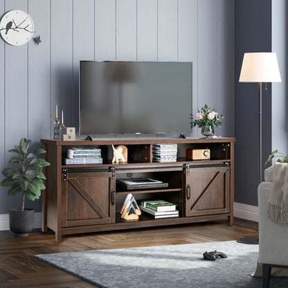 Farmhouse Wood Media Console with Sliding Barn Doors and Adjustable Storage for 65 Inch TVs in Dark Brown