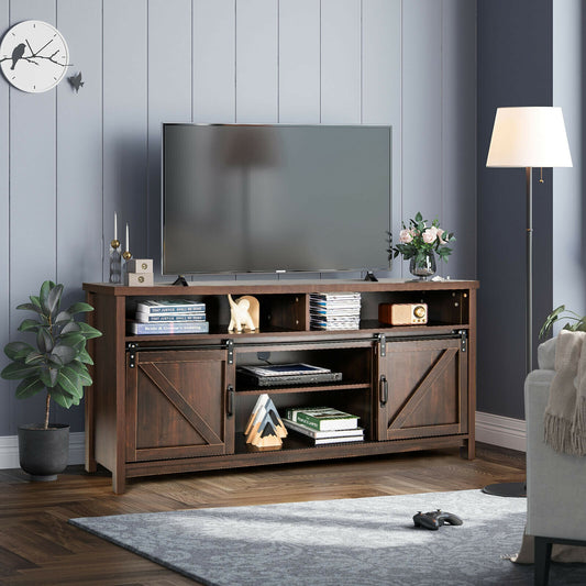 Farmhouse Wood Media Console with Sliding Barn Doors and Adjustable Storage for 65 Inch TVs in Dark Brown