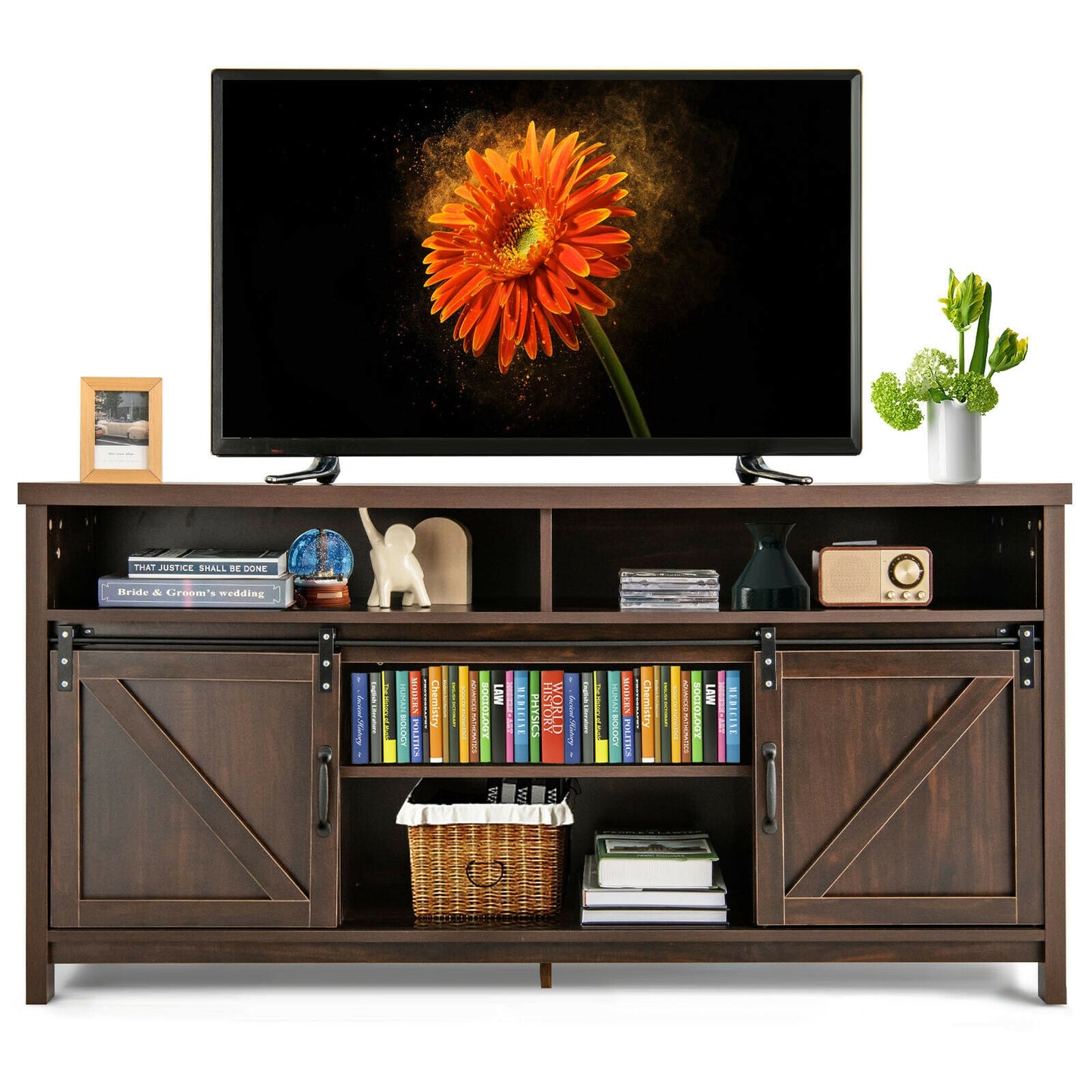 Farmhouse Wood Media Console with Sliding Barn Doors and Adjustable Storage for 65 Inch TVs in Dark Brown