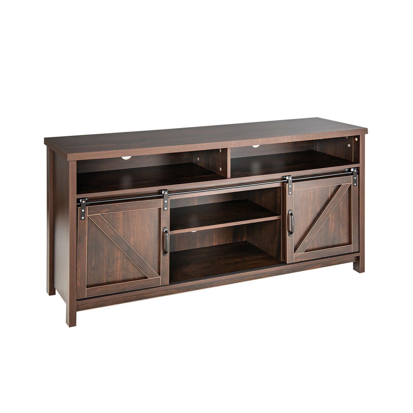 Farmhouse Wood Media Console with Sliding Barn Doors and Adjustable Storage for 65 Inch TVs in Dark Brown