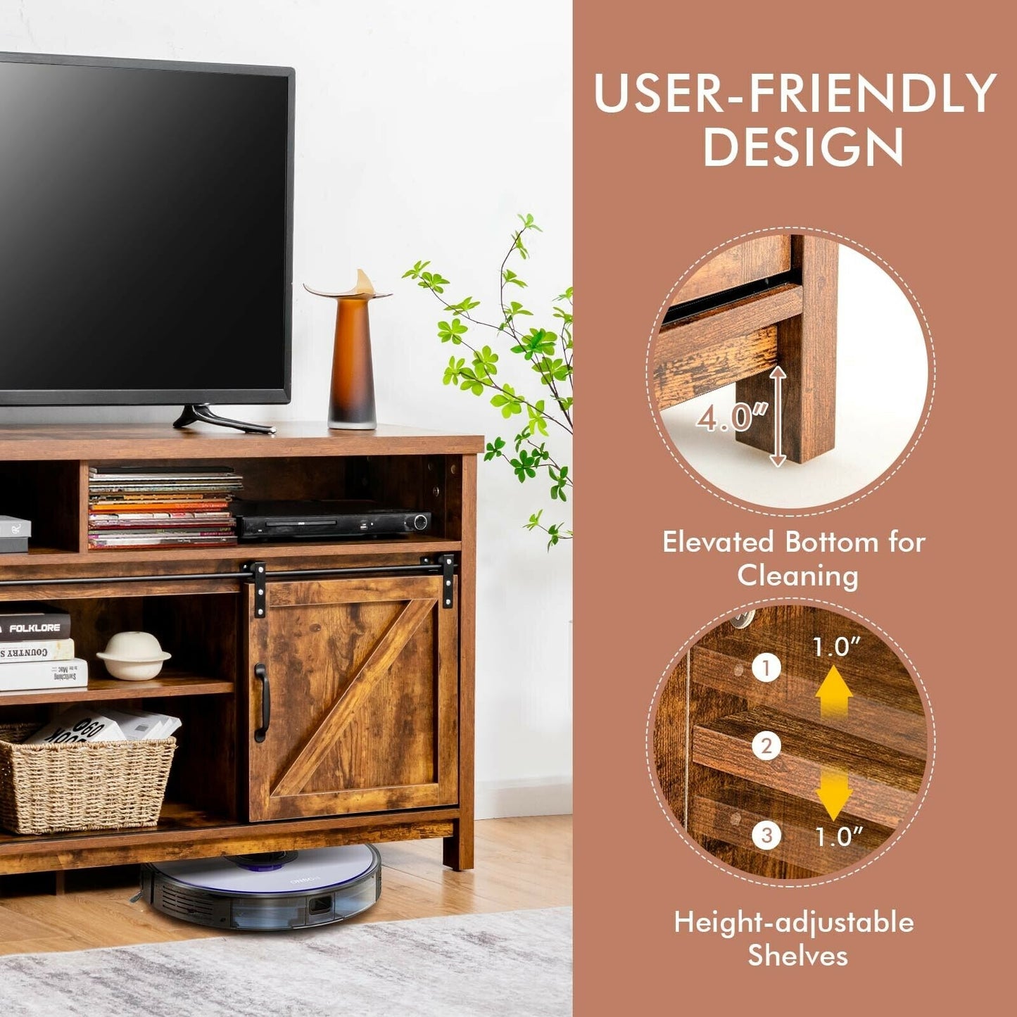 Farmhouse Wood Media Console with Sliding Barn Doors and Adjustable Storage for 65 Inch TVs in Brown
