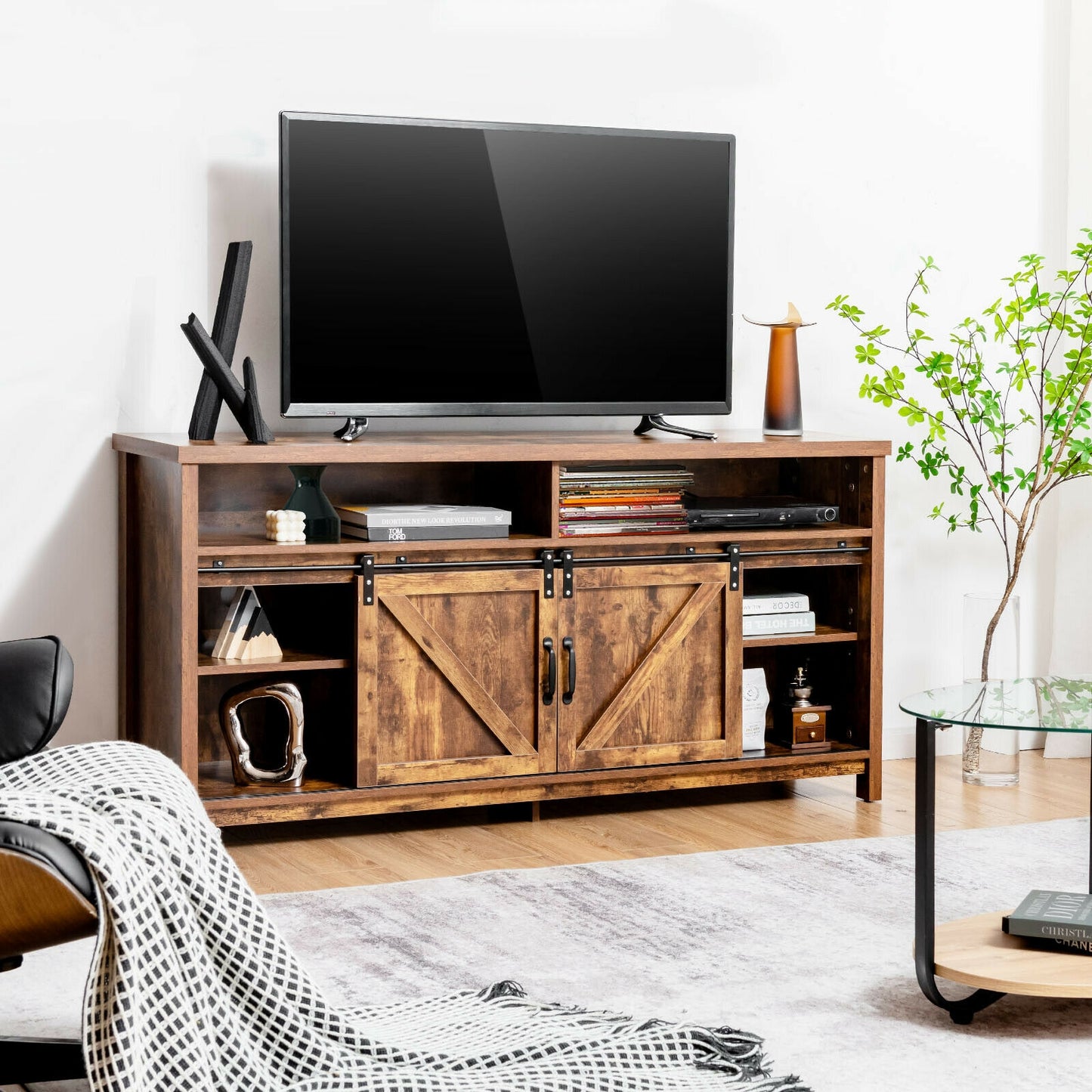 Farmhouse Wood Media Console with Sliding Barn Doors and Adjustable Storage for 65 Inch TVs in Brown
