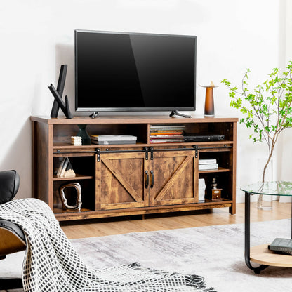 Farmhouse Wood Media Console with Sliding Barn Doors and Adjustable Storage for 65 Inch TVs in Brown