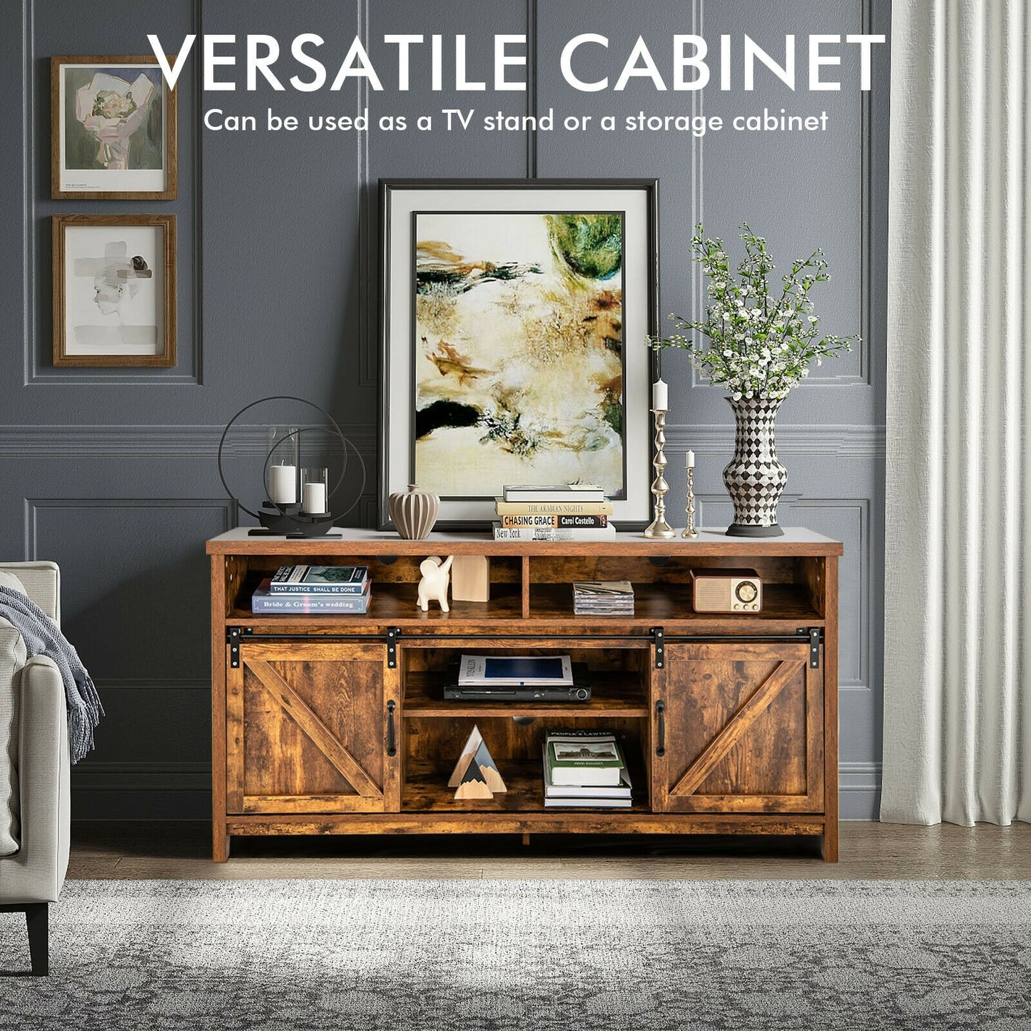 Farmhouse Wood Media Console with Sliding Barn Doors and Adjustable Storage for 65 Inch TVs in Brown