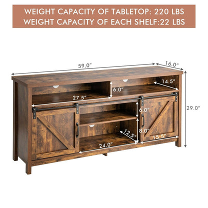 Farmhouse Wood Media Console with Sliding Barn Doors and Adjustable Storage for 65 Inch TVs in Brown
