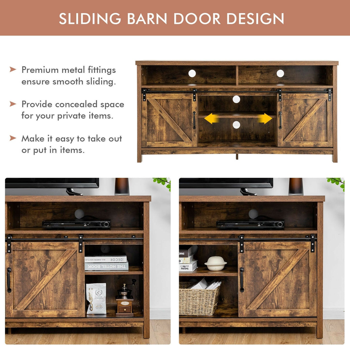 Farmhouse Wood Media Console with Sliding Barn Doors and Adjustable Storage for 65 Inch TVs in Brown