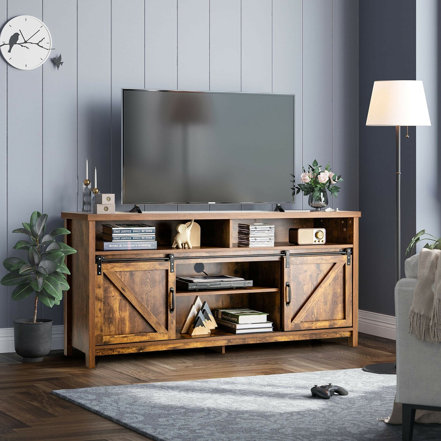 Farmhouse Wood Media Console with Sliding Barn Doors and Adjustable Storage for 65 Inch TVs in Brown