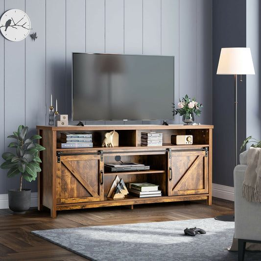 Farmhouse Wood Media Console with Sliding Barn Doors and Adjustable Storage for 65 Inch TVs in Brown