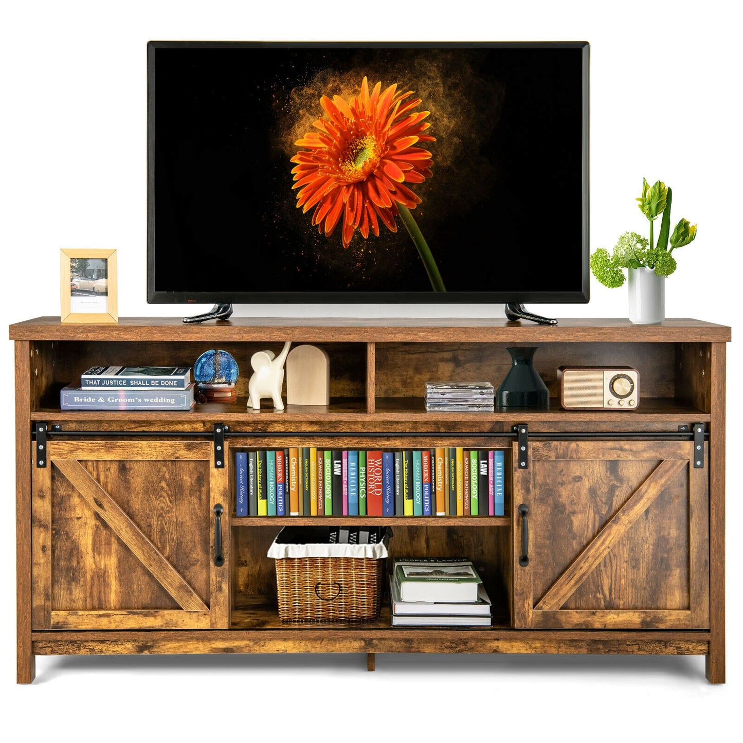 Farmhouse Wood Media Console with Sliding Barn Doors and Adjustable Storage for 65 Inch TVs in Brown