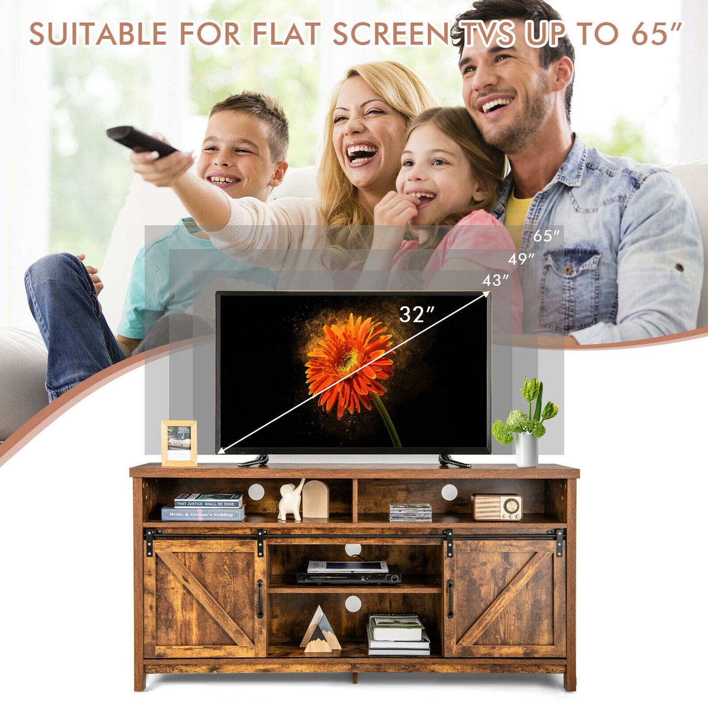Farmhouse Wood Media Console with Sliding Barn Doors and Adjustable Storage for 65 Inch TVs in Brown