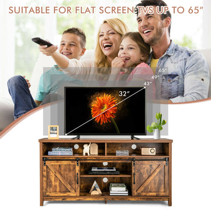 Farmhouse Wood Media Console with Sliding Barn Doors and Adjustable Storage for 65 Inch TVs in Brown