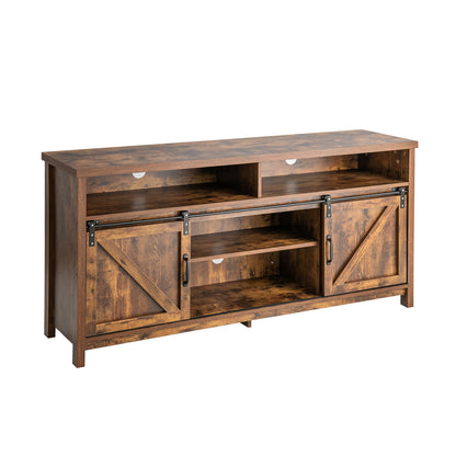 Farmhouse Wood Media Console with Sliding Barn Doors and Adjustable Storage for 65 Inch TVs in Brown