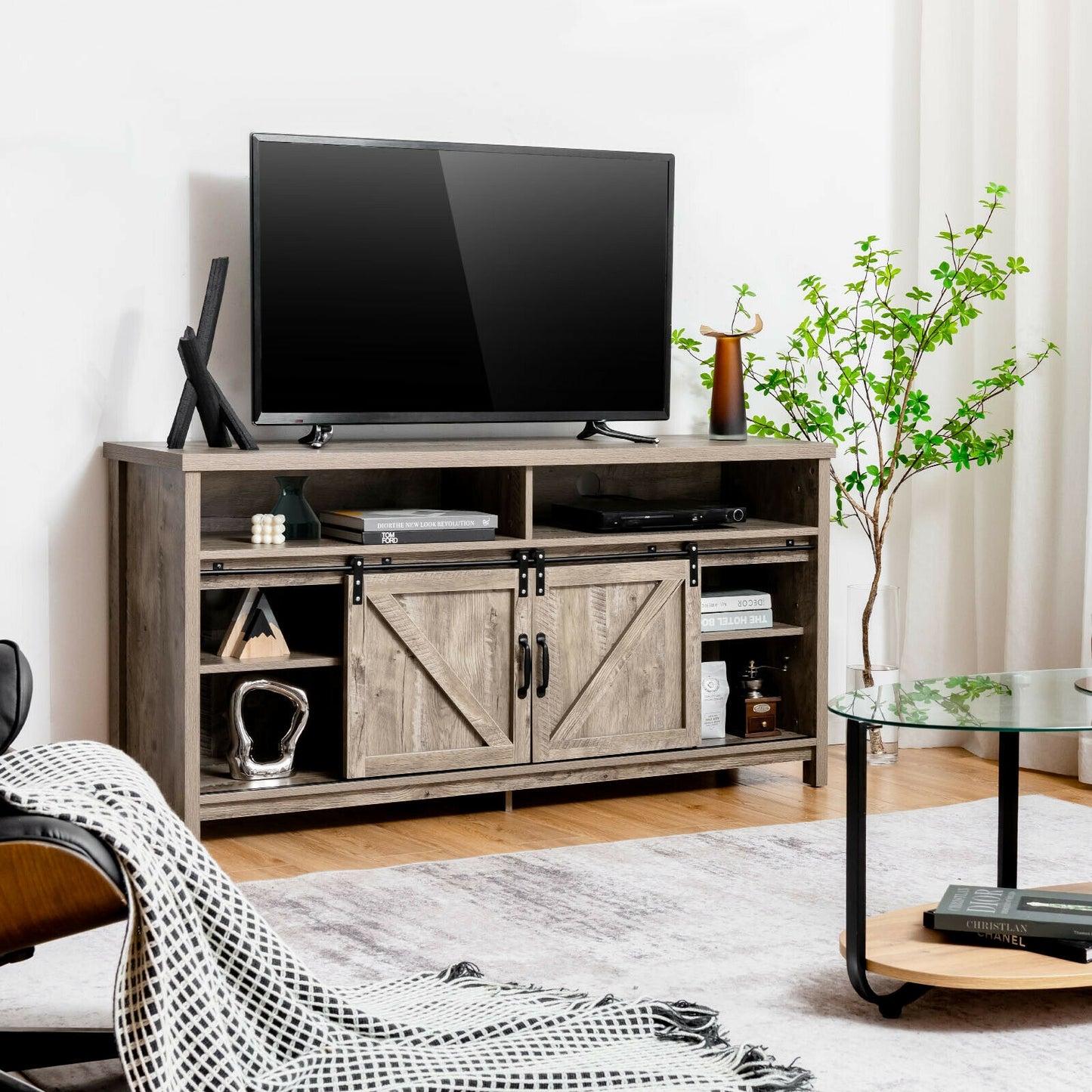 Farmhouse Wood Media Console with Sliding Barn Doors and Adjustable Storage for 65 Inch TVs in Light Brown