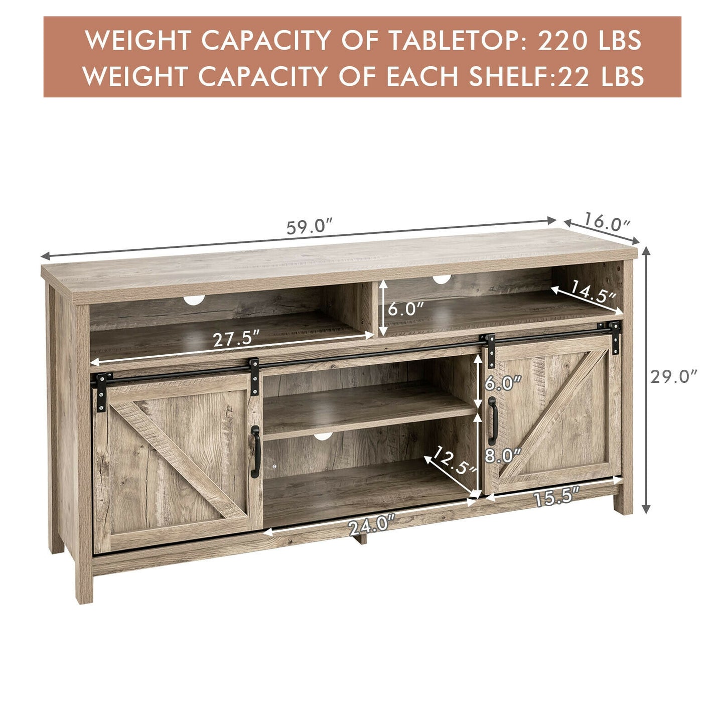 Farmhouse Wood Media Console with Sliding Barn Doors and Adjustable Storage for 65 Inch TVs in Light Brown