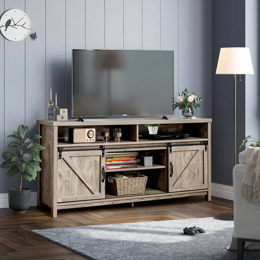 Farmhouse Wood Media Console with Sliding Barn Doors and Adjustable Storage for 65 Inch TVs in Light Brown