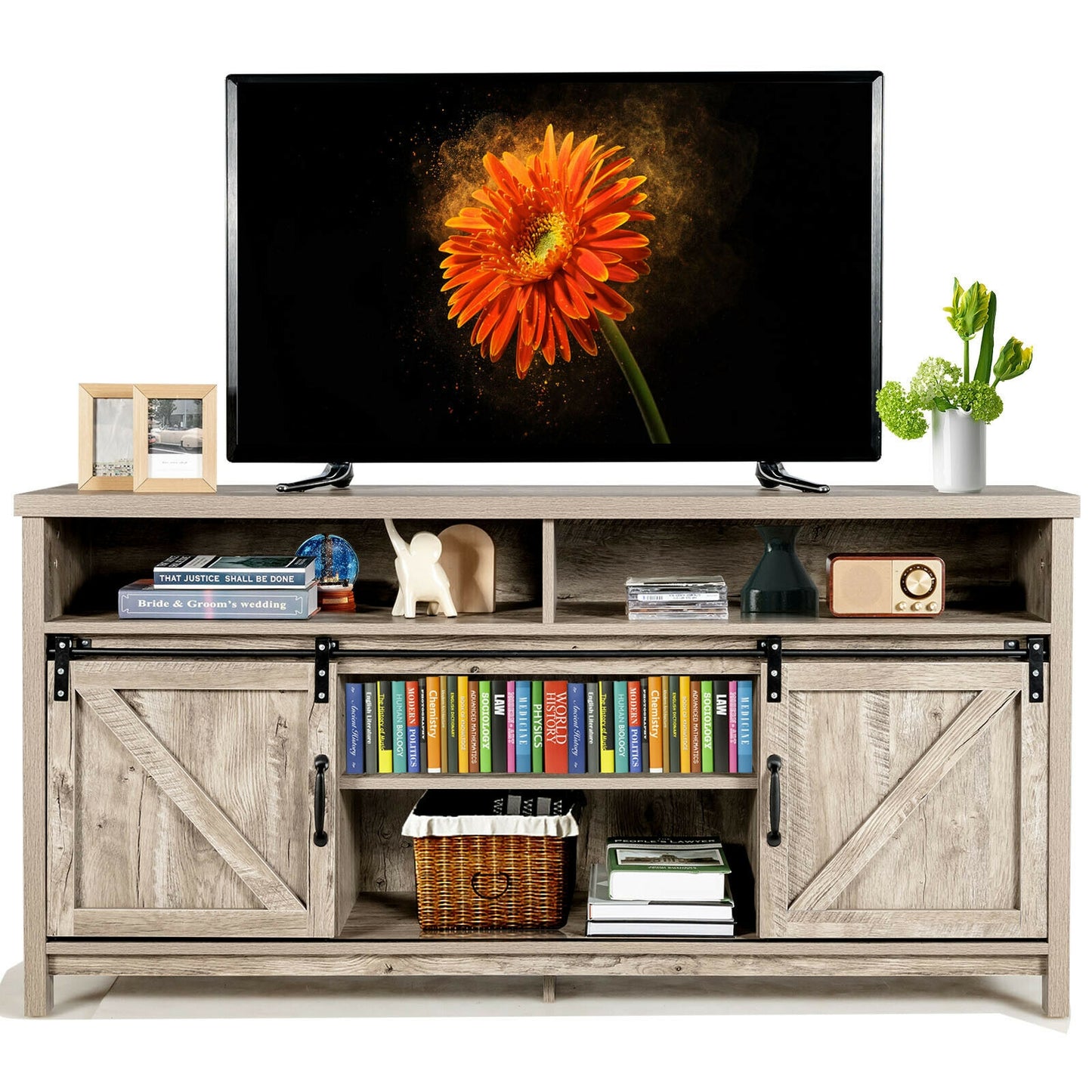 Farmhouse Wood Media Console with Sliding Barn Doors and Adjustable Storage for 65 Inch TVs in Light Brown