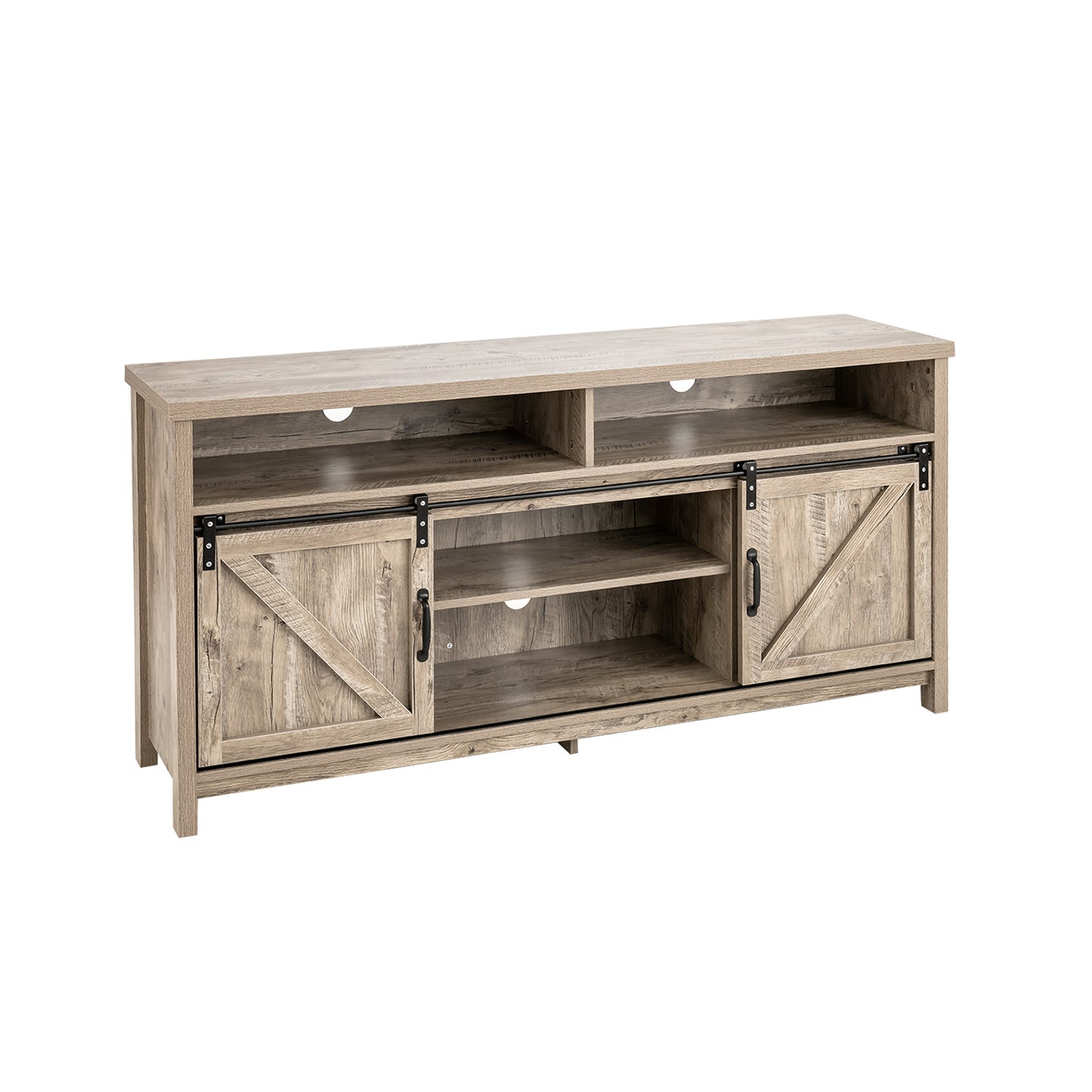 Farmhouse Wood Media Console with Sliding Barn Doors and Adjustable Storage for 65 Inch TVs in Light Brown