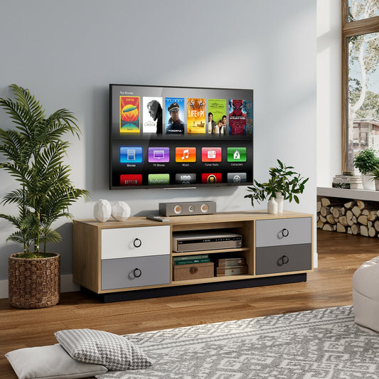 55 Inch Wooden TV Stand with Two Cabinets and Open Shelves for TVs up to 60 Inches