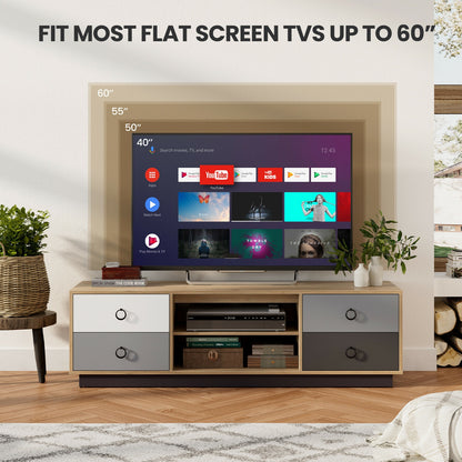 55 Inch Wooden TV Stand with Two Cabinets and Open Shelves for TVs up to 60 Inches